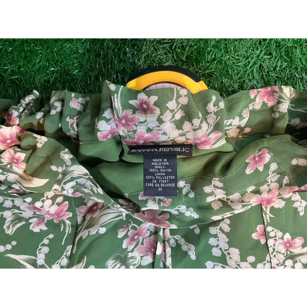 Banana Republic Floral Mini Skirt Green Pink Paperbag Waist Pockets Womens M - Picture 3 of 4